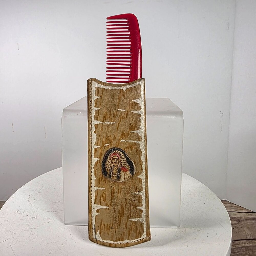 Handcrafted Wooden Hair Comb Case With Red Comb & Native American Design
